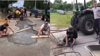 У ями вкладають бетон. Чоловіки на Рівненщині самі взялися за ремонт дороги (ВІДЕО)