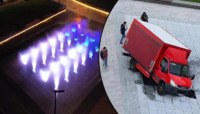 Невдалий краш-тест? Вантажівка проломила новий фонтан у центрі Києва (ВІДЕО)