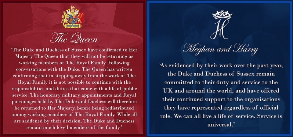 Червоним -- вердикт Королеви, синім -- відповідь Меган Маркл та Принца Гаррі (зображення збільшується)