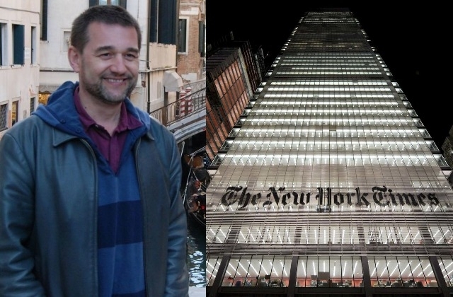 Зліва -- Юрій Шевчук, справа -- хмарочос редакції "Нью-Йорк Таймз". Можливо, найвпливовішої газети в світі