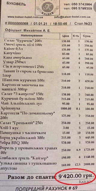 Рахунок в ресторані Буковеля (/twitter.com/DmitryBespalyUA)