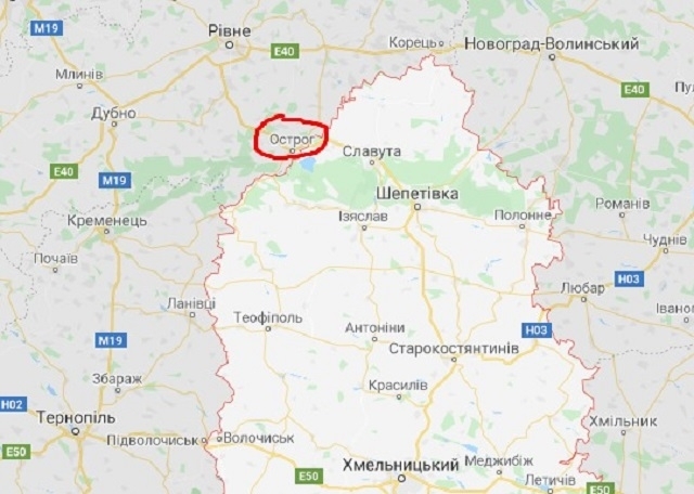 Скрін із google maps. Острозький район розташований на кордоні з Хмельницькою областю