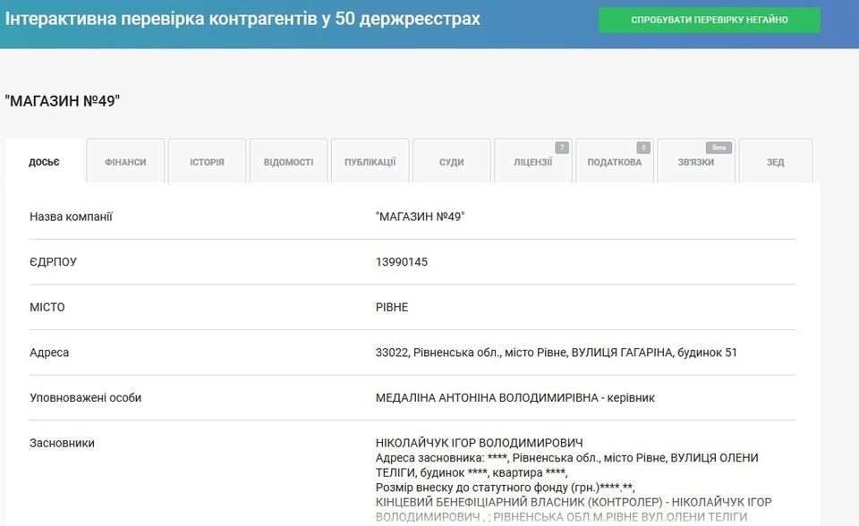 Скриншот з сайту YOUCONTROL, який подає ту ж адресу: Гагаріна, 51, як адресу ТОВ "МАГАЗИН №49"