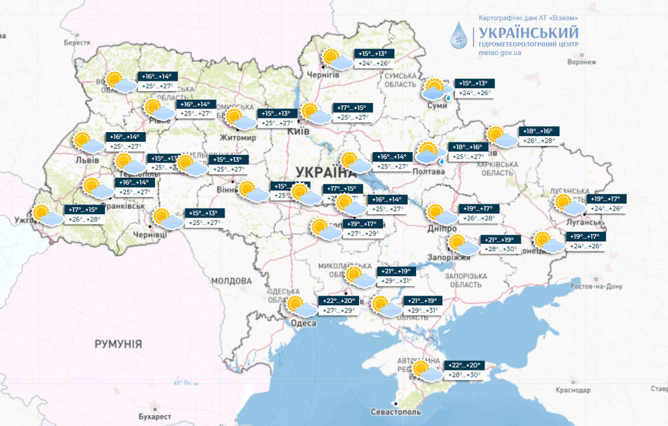 Синоптична карта на 15.07. Карта із сайту Українського гідрометцентру