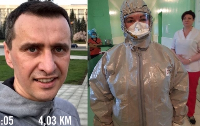 Колаж наш: ліворуч Віктор Ляшко, праворуч -- працівники інфекційного відділення ЦМЛ м. Рівне демонструють своє спорядження -- кілька днів тому
