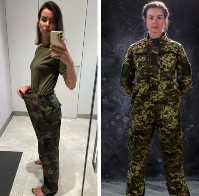 Ірина Никорак показує, як чоловічі штани зазвичай сидять на жіночій фігурі (ліворуч), і демонструє нову форму за жіночими лекалами. Скрін із bbc.com