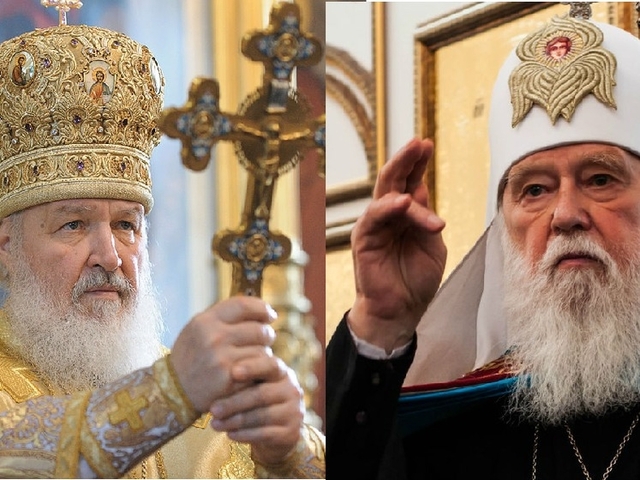 Праворуч - Патріарх Філарет УПЦ (КП), ліворуч --  Патріарх РПЦ Кирил