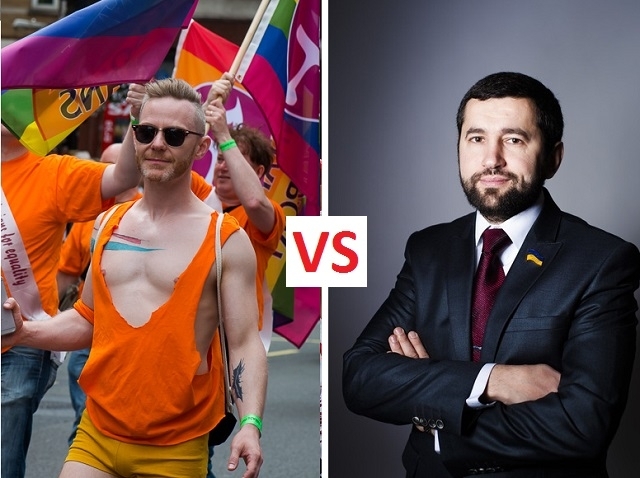 Ліворуч - учасник ЛГБТ-параду. Праворуч - депутат Рівненської міської ради Олександр Чубай.