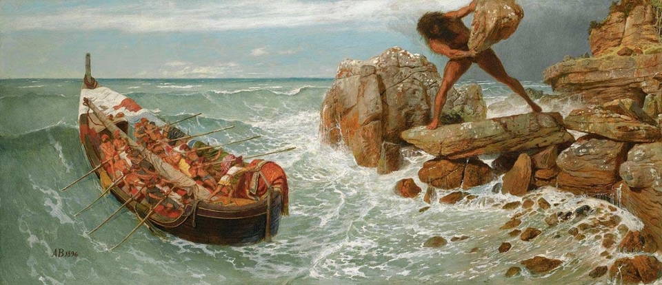 Одіссей потішається над осліпленим Поліфемом, який намагається влучити в нього шматком скелі