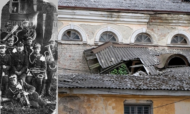 Колаж: зліва оркестр уланів, справа провалений дах їхнього "Будинку жовніра"