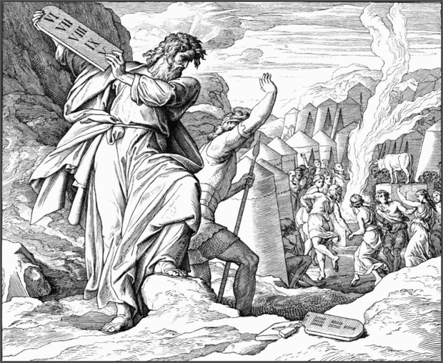 Мойсей оголошує Заповіді, але... ніхто не зважає: усі радуються та веселяться довкола Ідола